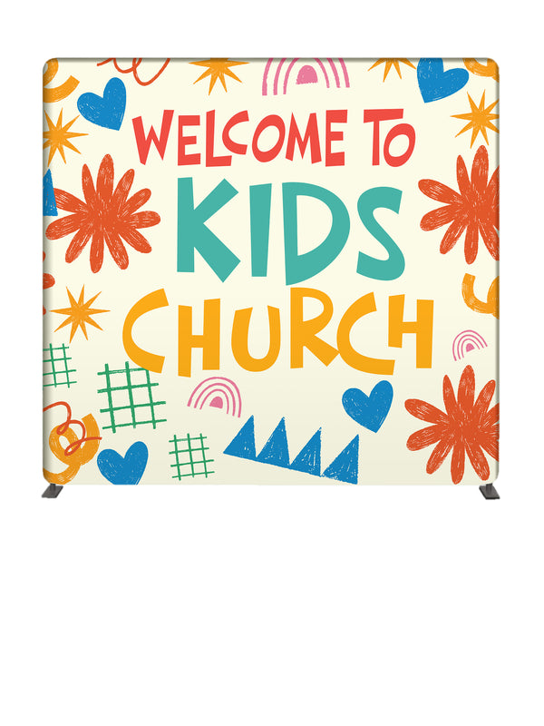 Welcome to Kids Church Crayon Doodles 8' Backdrop With Tube Display Stand