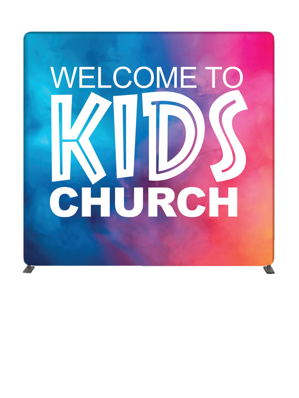 Welcome to Kids Church Gradient Mist 8' Backdrop With Tube Display Stand