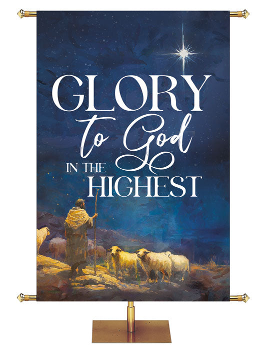 Glory to God in the Highest. Church Banner for Christmas with the Shepherd and his flock (eft) under the New Star