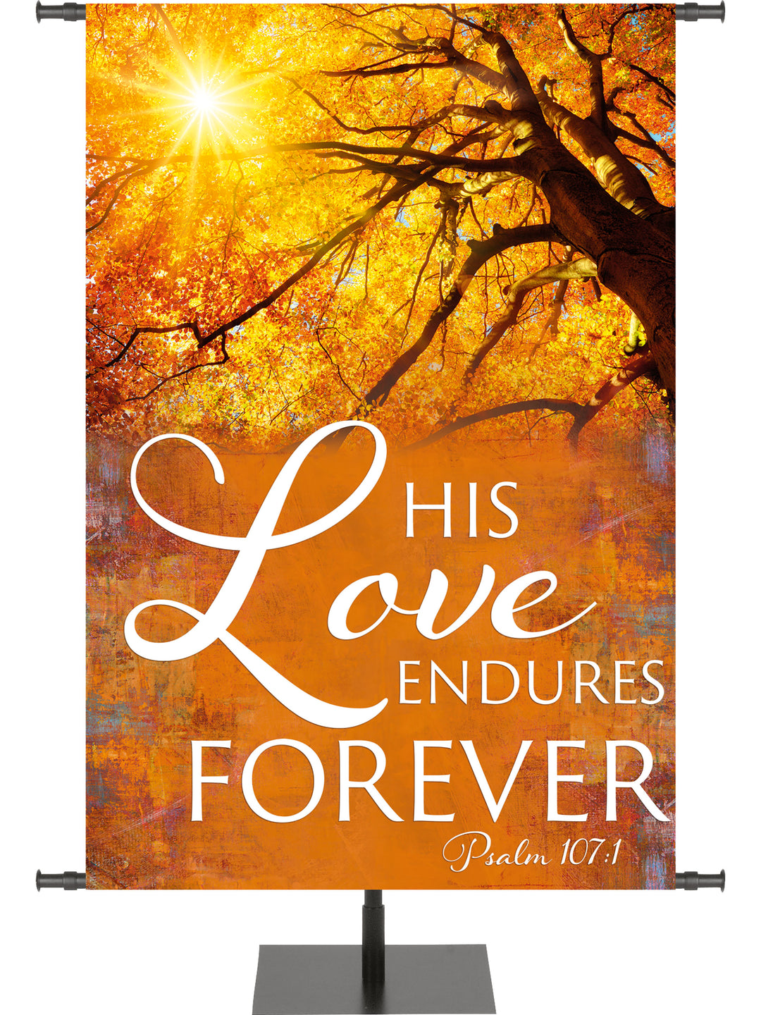 Arbors of Autumn His Love Endures Forever with Sunlight through Tree Banner for Fall and Thanksgiving Design 2