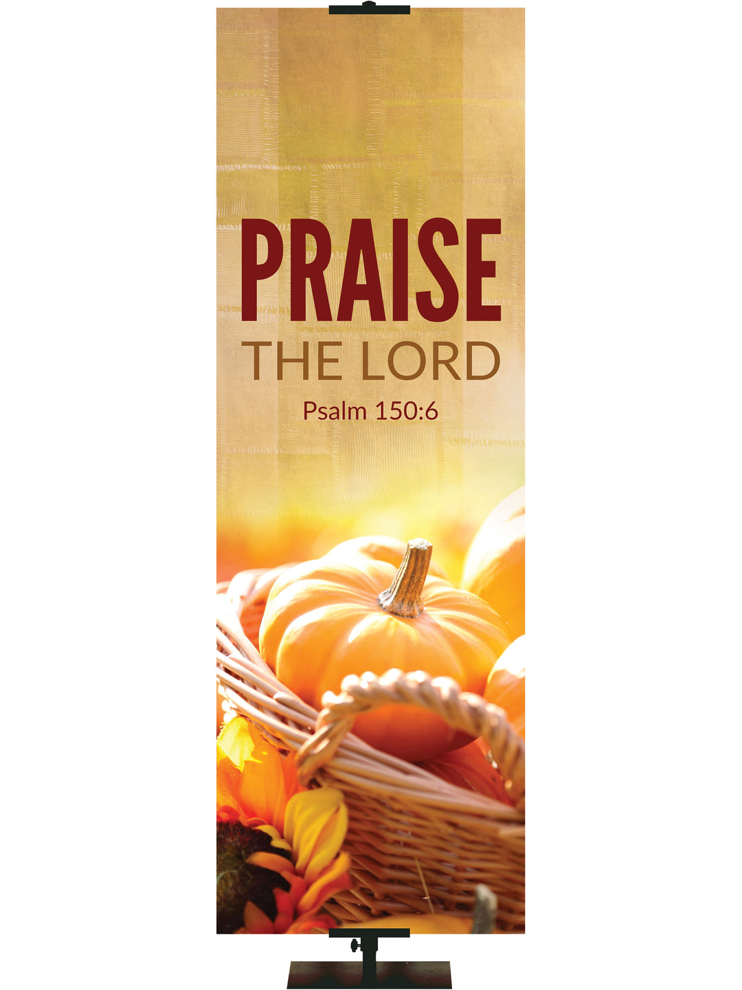 Church Banner for Autumn with basket of pumpkins and verse Psalm 150:6