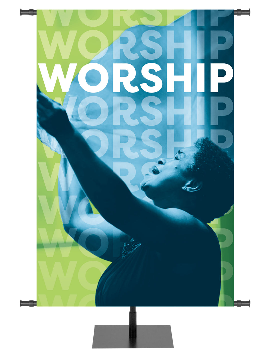 Church Banner Community of Faith featuring worshiper with arms outstretched toward heaven.