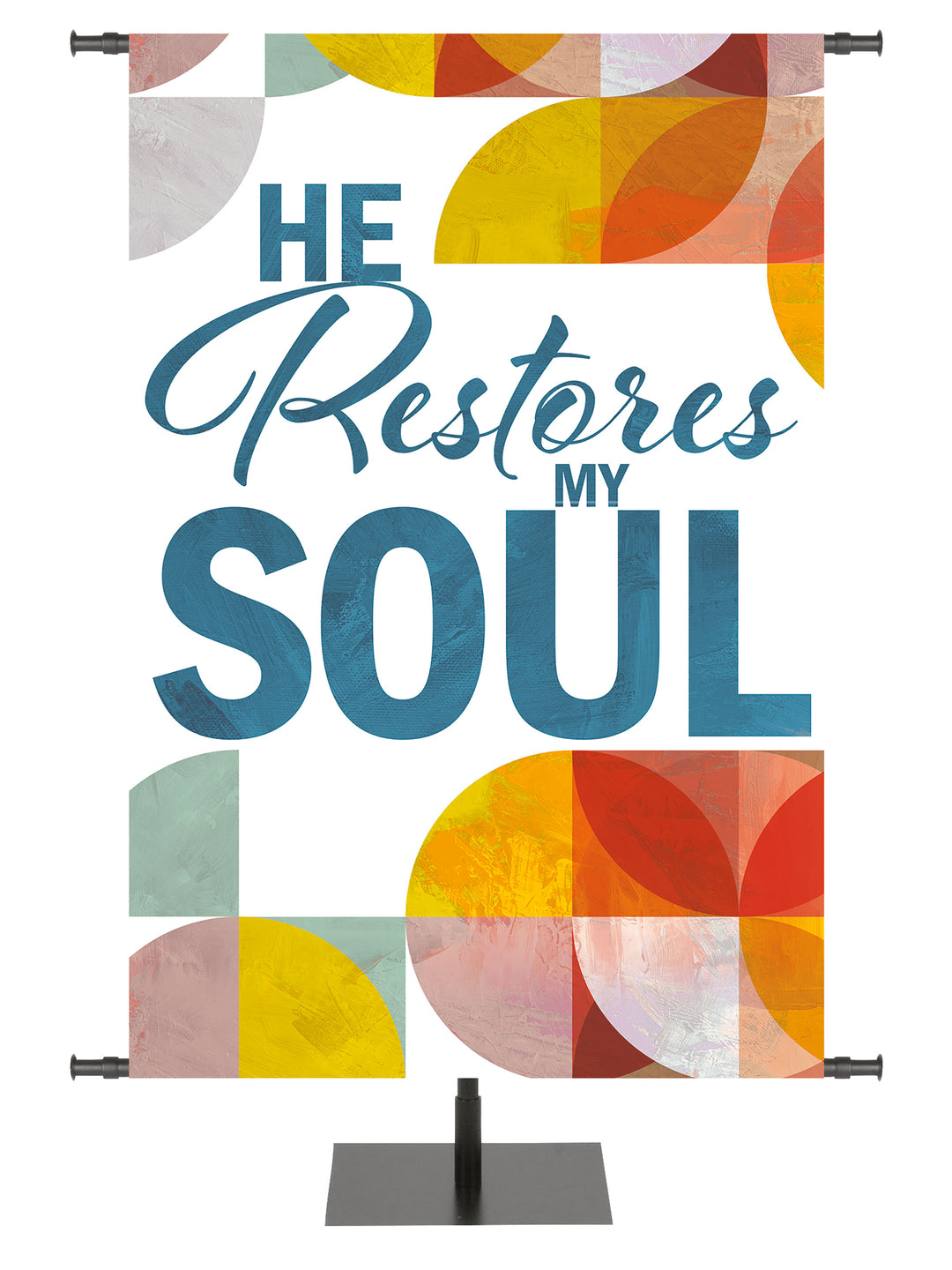 Circle of His Truth Church Banner with intertwined circles and verse He Restores My Soul available in multi-color, purple, blue, and green