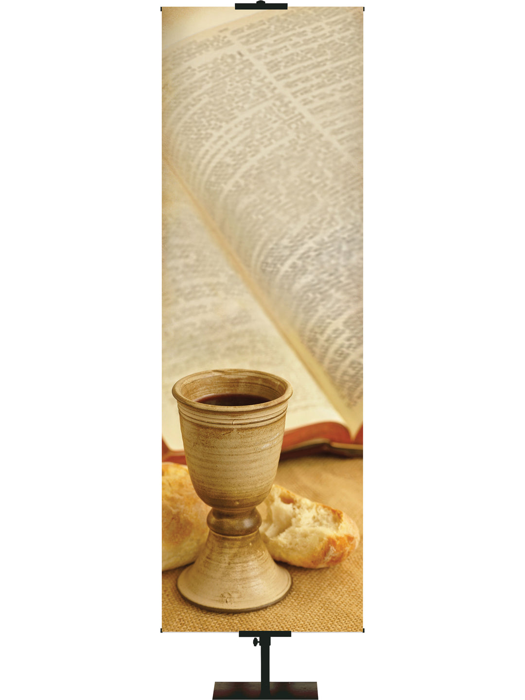 Custom Church Banner Background with pottery style wine chalice and broken bread and Holy Scriptures in the background (right) wide format