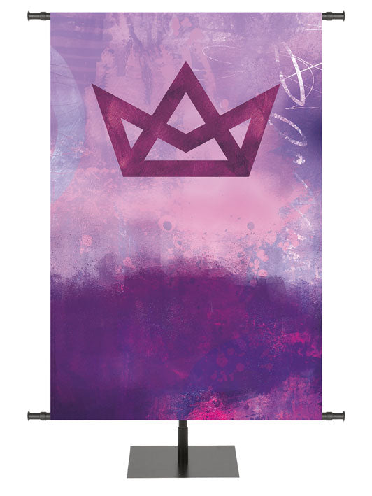 Custom Church Banner with geometric Crown Symbol on radiant watercolor impression background in Blue, Purple or Red