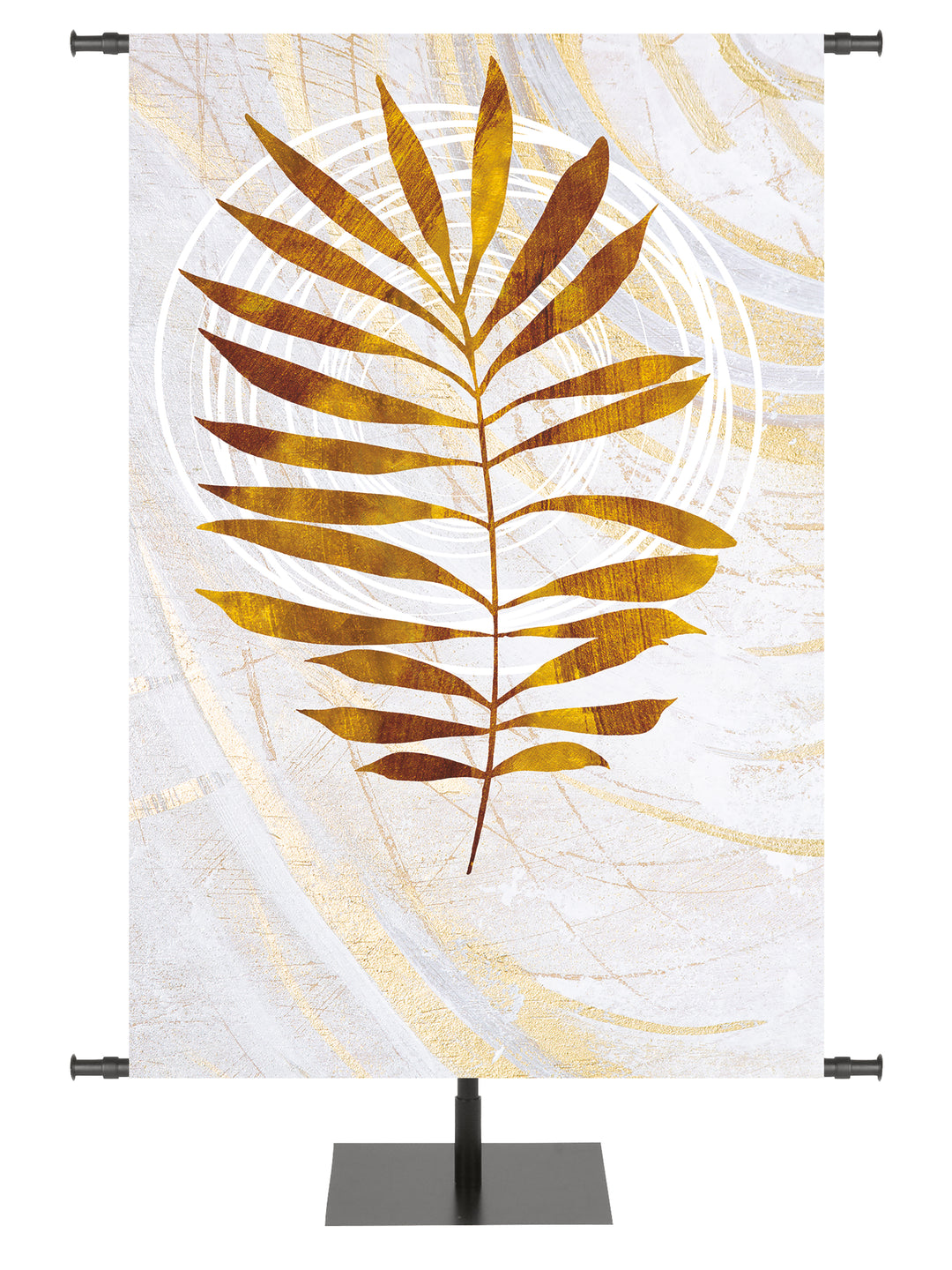 Custom Church Banner Background Echoes of Easter with Palm Leaf Symbol in golds and bronze on white in right side wide format