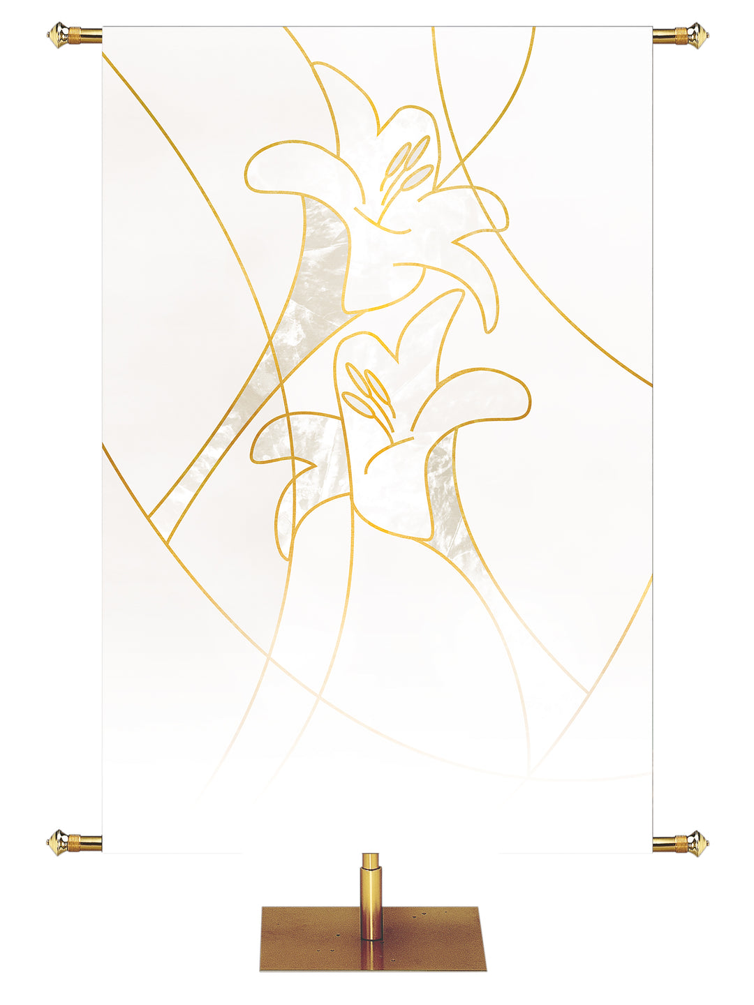 Custom Easter Liturgy Lily White Banner with two Easter Lily Blooms left above right outlined in gold in wide banner format