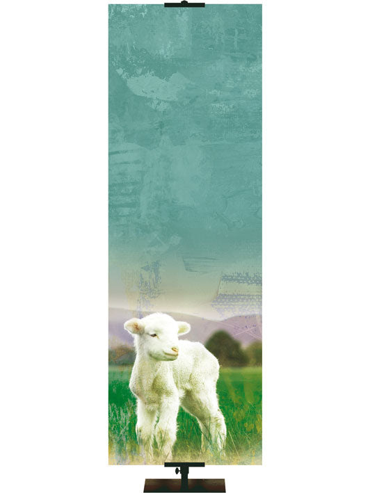 Custom Banner Background Name Above All Names White Lamb with hills in distance on painted style jewel-tone teal