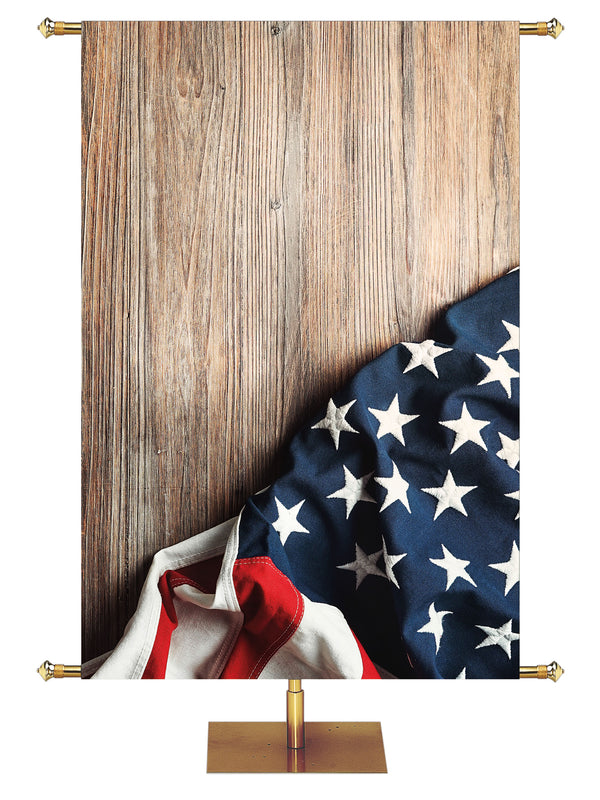 Custom Banner Patriotic In God We Trust Flag on Barn Wood