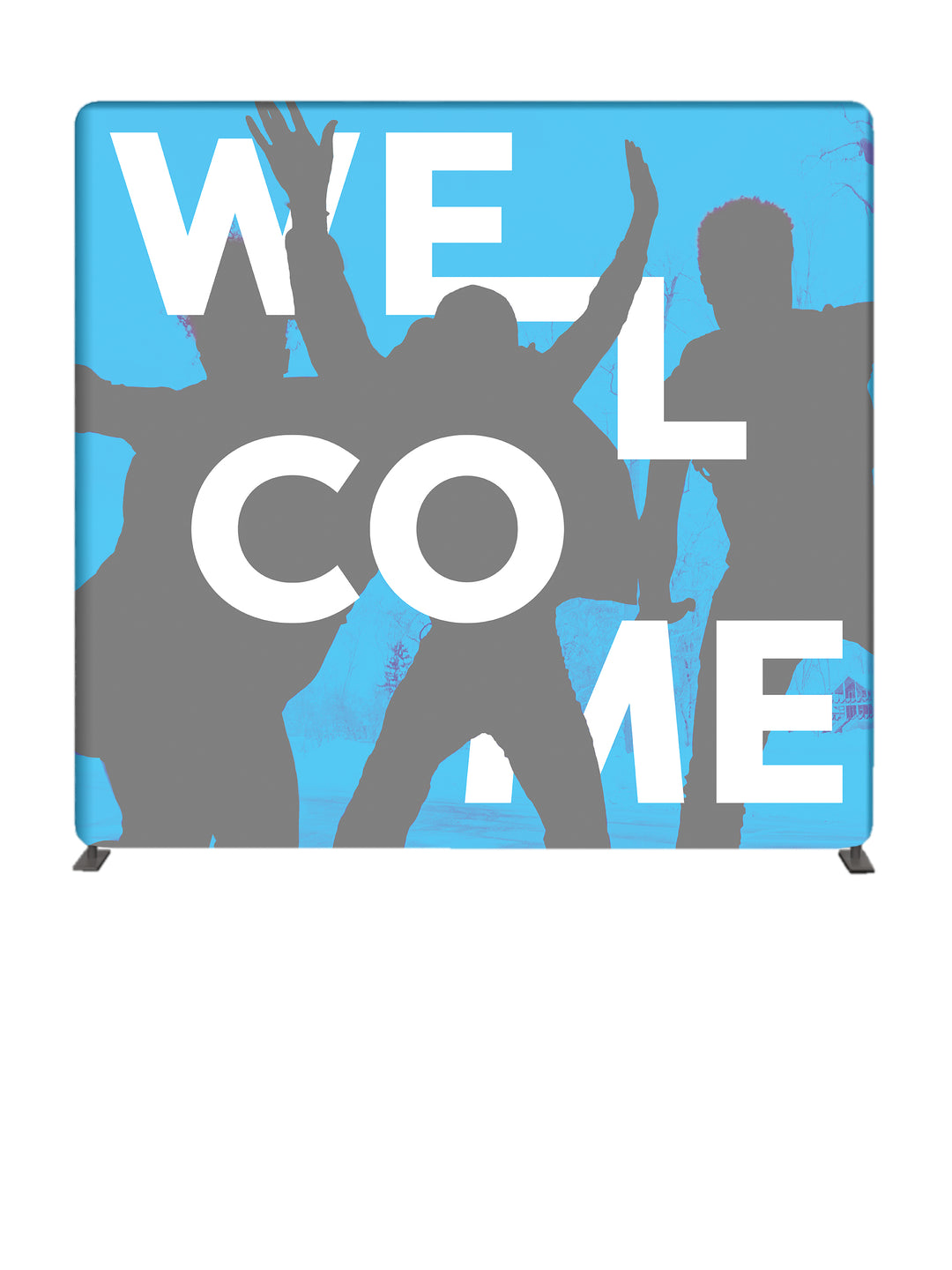 Custom Church 8 ft. Tube Display Backdrop Set Community of Faith featuring community worshipers jumping for joy to welcome visitors. Customize with images of members of your community.