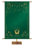 Custom Banner Background Shimmering Christmas in Green with (Right) Manger scene bottom center and border of gold accents