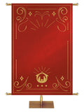 Custom Banner Background Shimmering Christmas in Red with (Right) Manger scene bottom center and border of gold accents