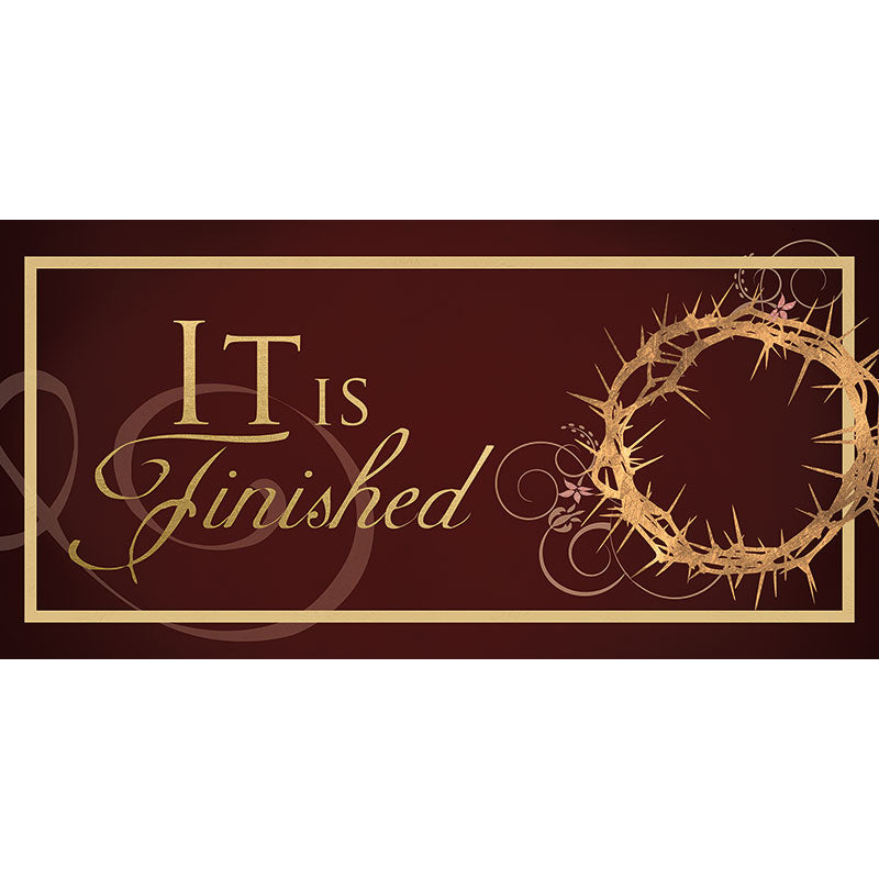 Easter Horizontal Banner It is Finished on Burgundy with Crown of Thorns in the look of sparkling gold foil