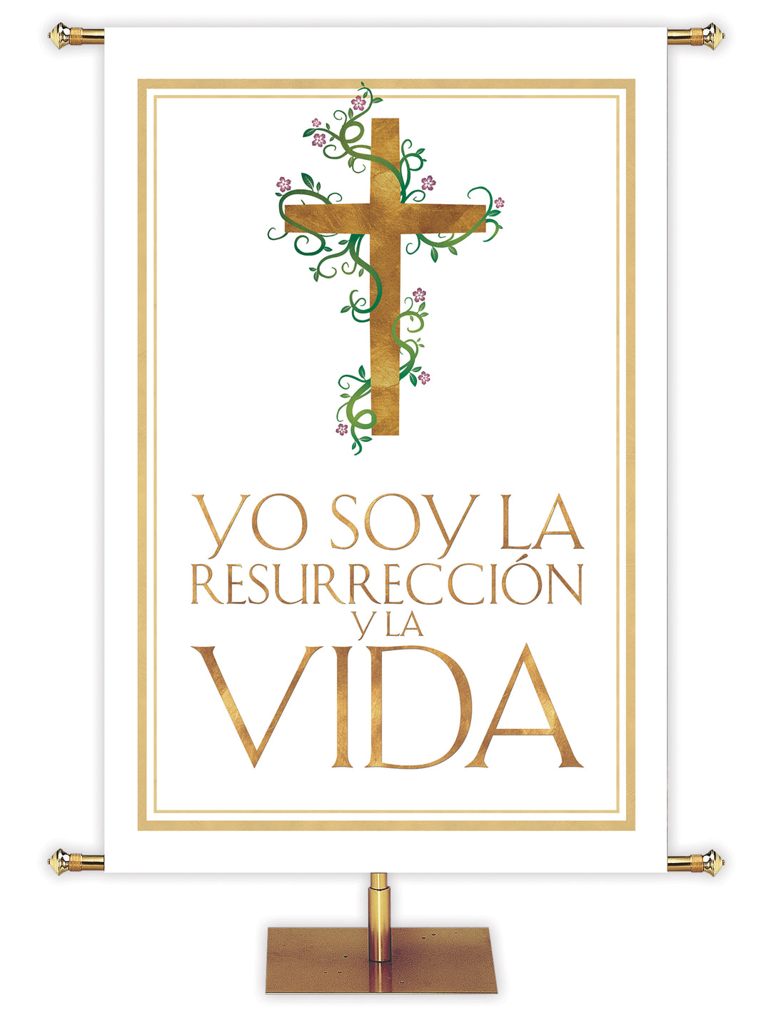 Resurrection and the Life Spanish Easter Banner with cross and gold accents in the look of sparkling foil on white