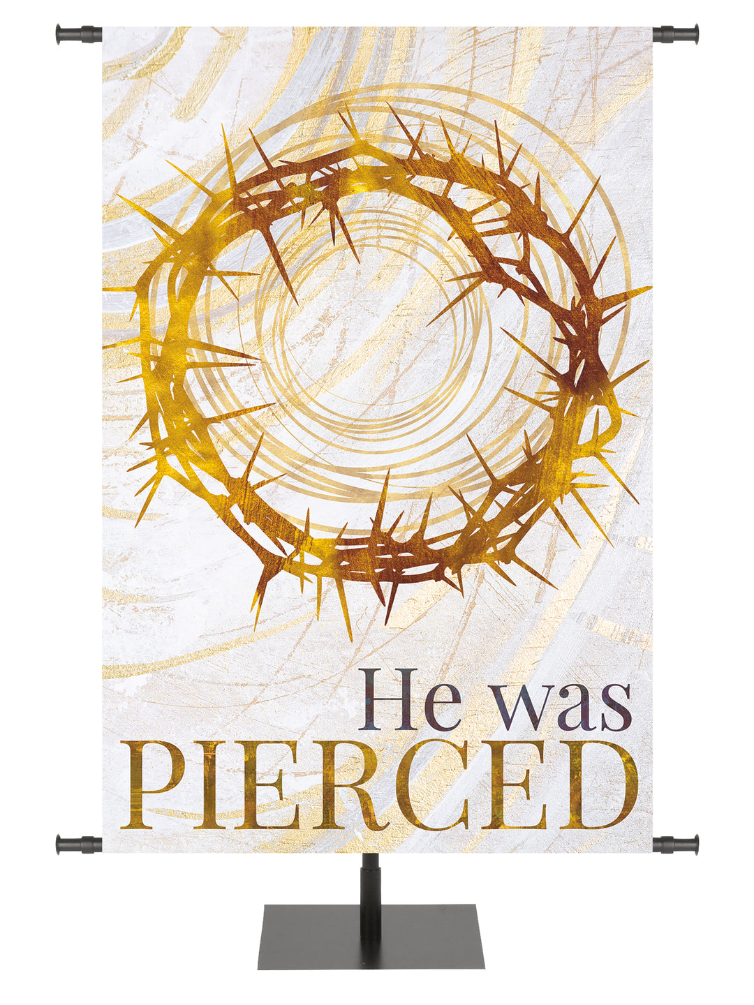 Easter Banner for Church Echoes of Easter He was Pierced Crown of Thorns Symbol in golds and bronze on white left side wide format