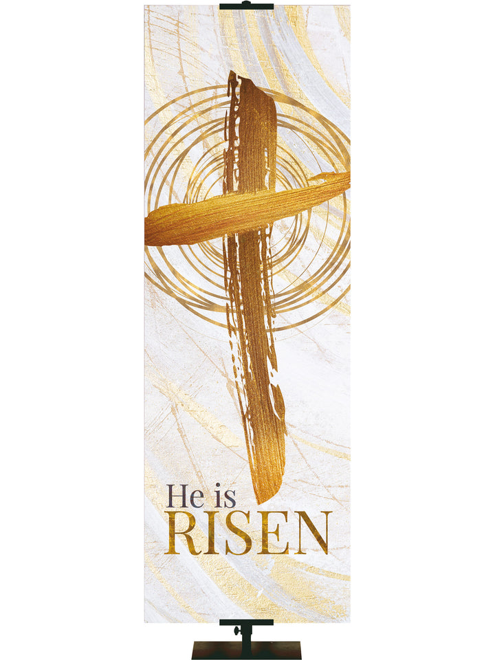 Easter Banner for Church Echoes of Easter with He Is Risen and Cross Symbol in golds and bronze on white in right side thin format