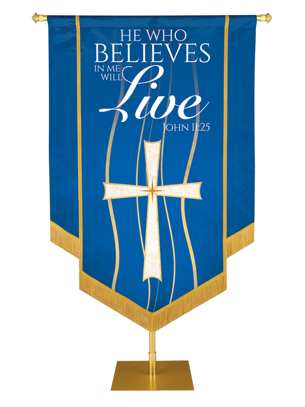 Experiencing God Cross, He Who Believes Embellished Banner