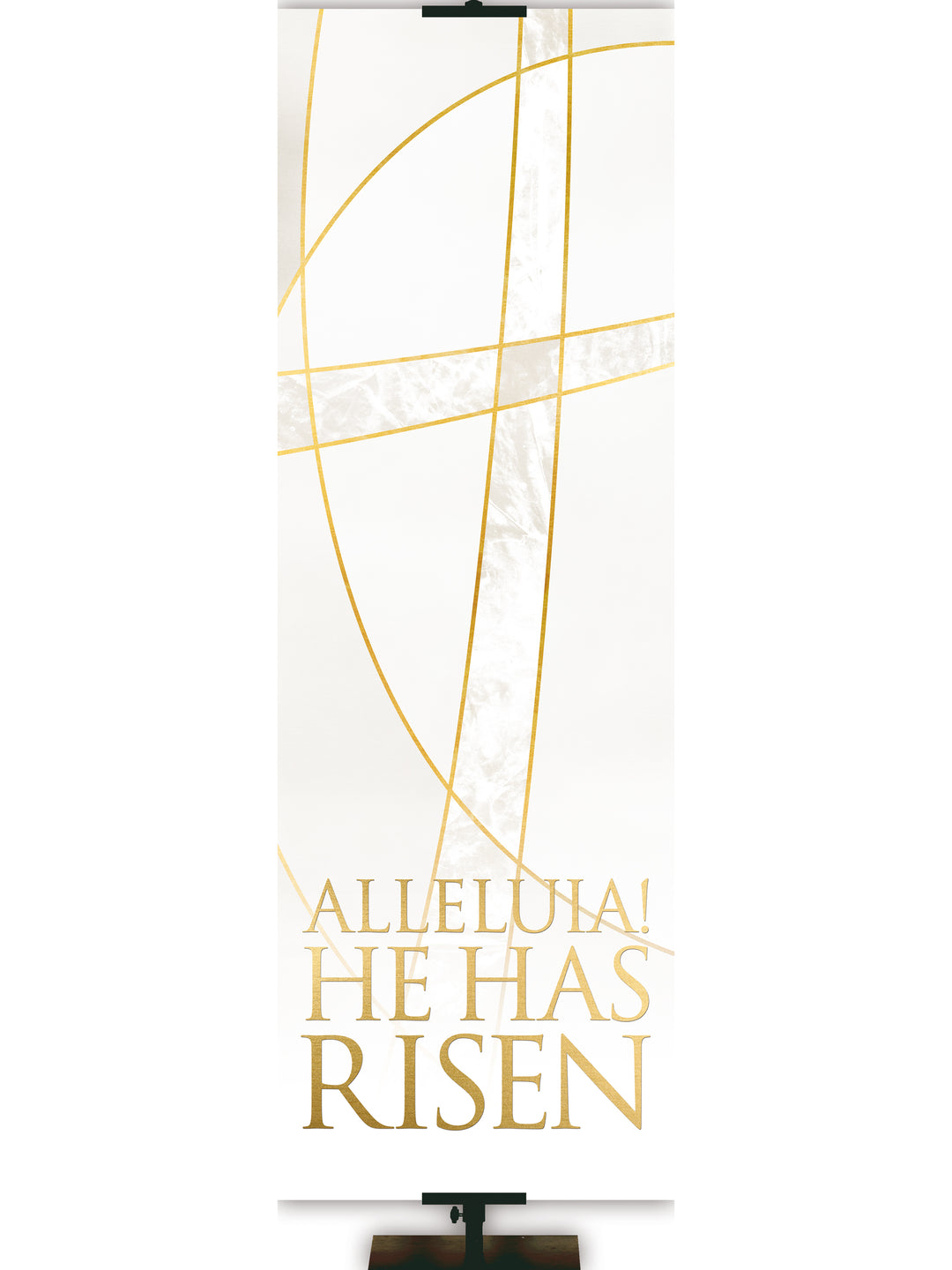Easter Liturgy Alleluia on White Banner with Gold Stylized Cross and gold accents on thin format with left orientation