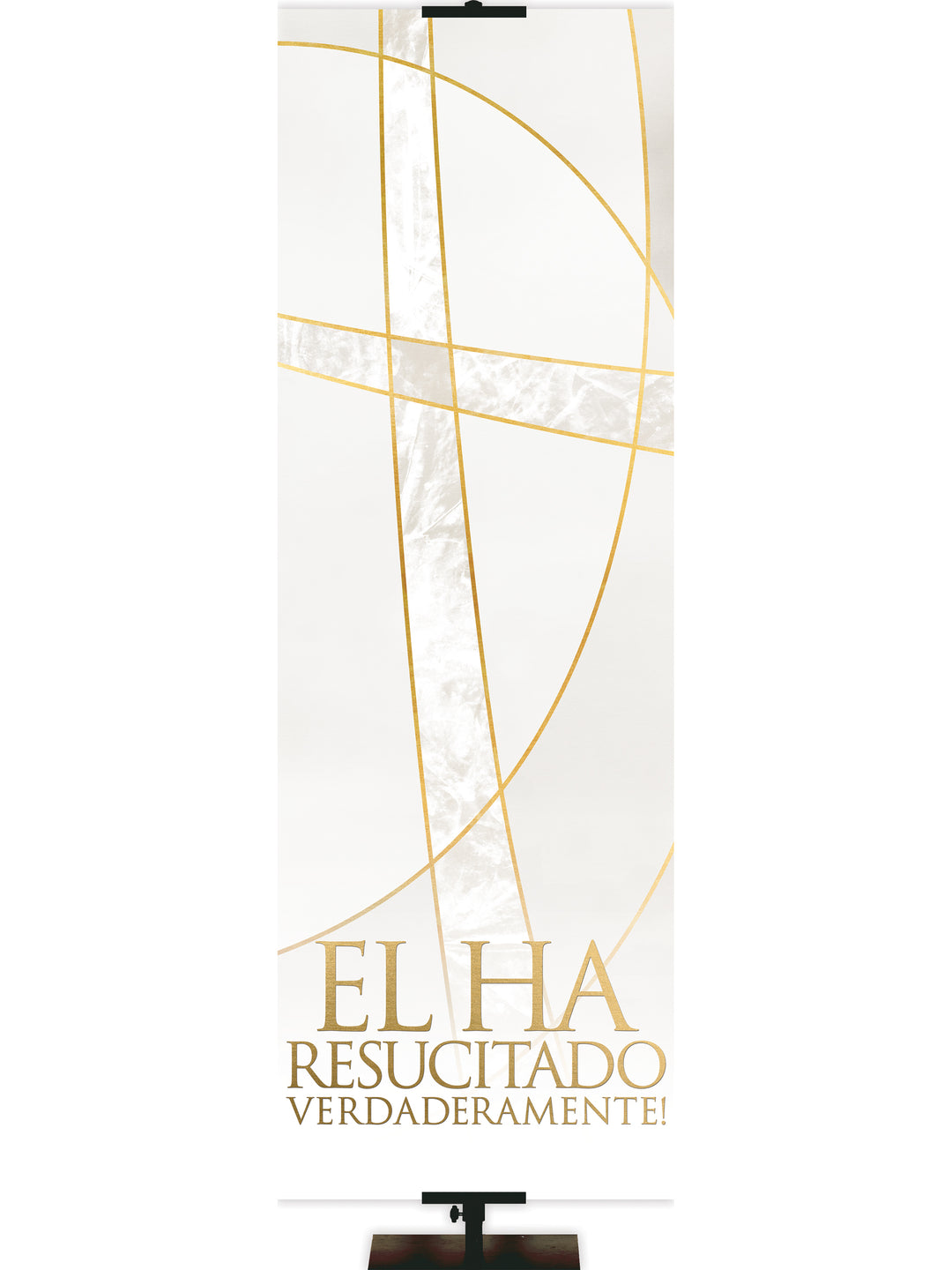 Spanish Easter Liturgy He Is Risen with Gold Stylized Cross and gold accents on White Banner thin format and right orientation