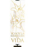 Spanish Easter Liturgy I Am The Resurrection on White Banner with two Easter Lily Blooms left above right outlined in gold in thin banner format