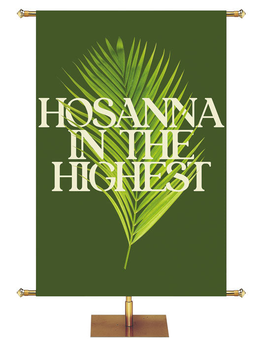 Church Banner for Easter Hosanna In The Highest. White Lettering and Green Palm on Green Banner