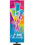 By His Wounds Hues of Grace Church Banner with brilliantly multicolored Crucifixion Nails Symbol in left side thin format