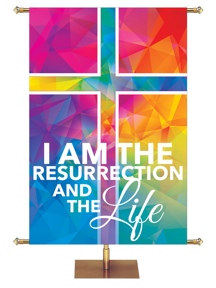 Hues of Grace I Am The Resurrection Church Banner for Easter with Brilliantly multicolored Cross Symbol left side wide format