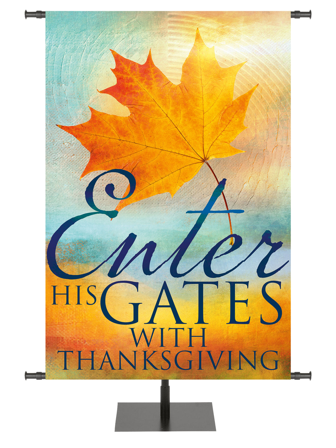 A Joyous Autumn Banner Enter His Gates With Thanksgiving with Golden Maple Leaf on watercolor background