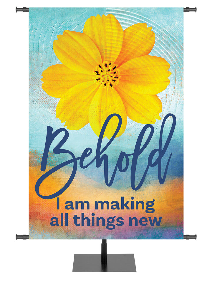 A Joyous Spring Behold I am Making All Things New with bright yellow cosmos flower