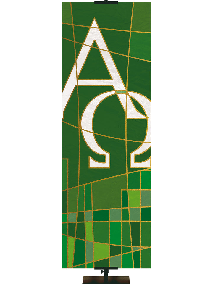 Luminescent Stained Glass Fabric Church Banner with Alpha & Omega Symbol in Blue, Green, Purple or Red