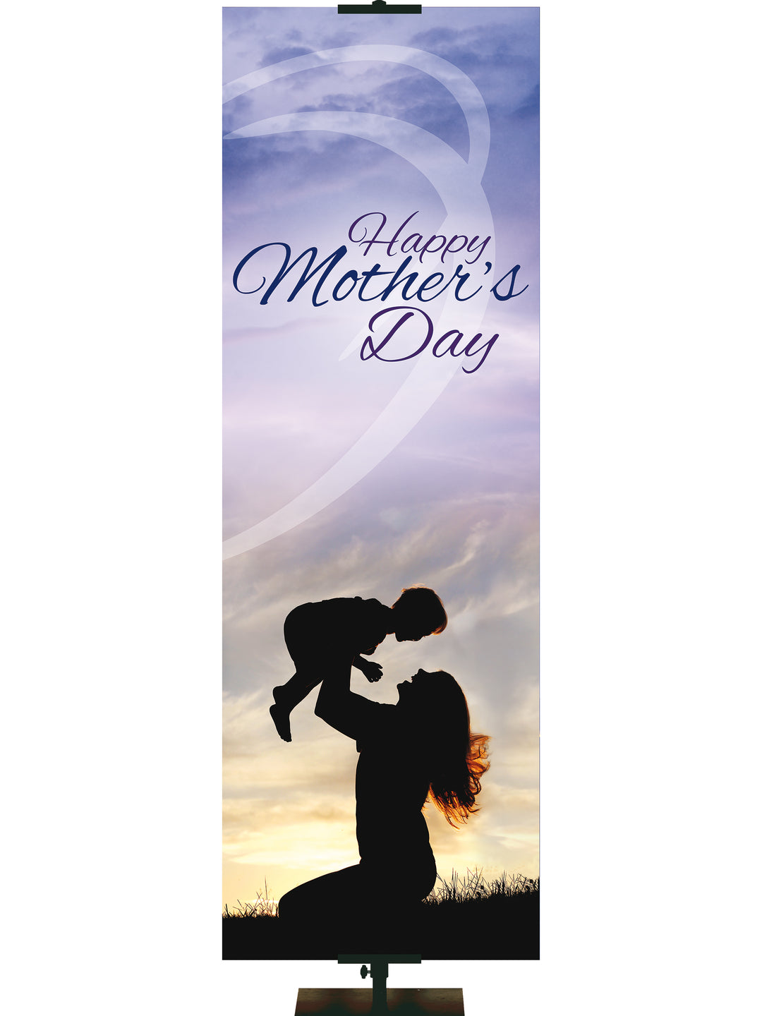 Banner for Mother's Day Silhouette of Mother Kneeling Holding Son above her on blue background