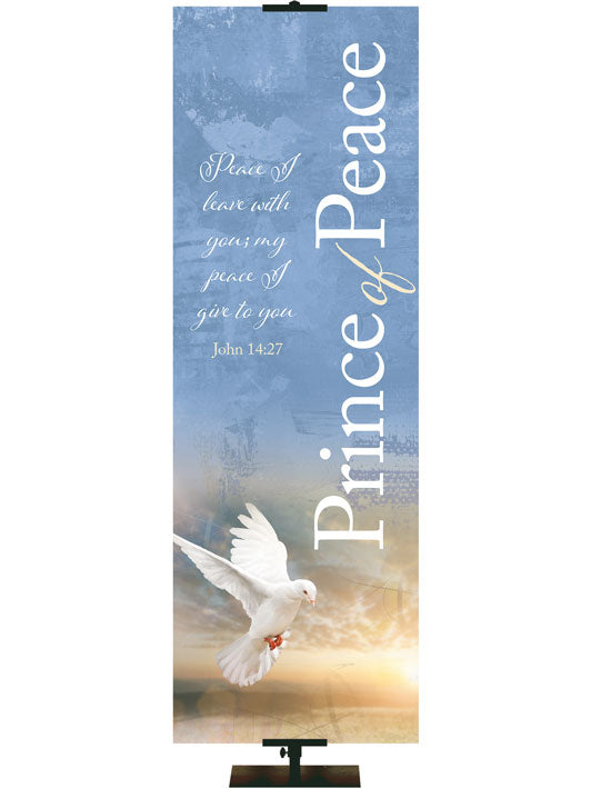 Church Banner Name Above All Names Prince of Peace Descending Dove of Peace on painted style jewel-tone blue background