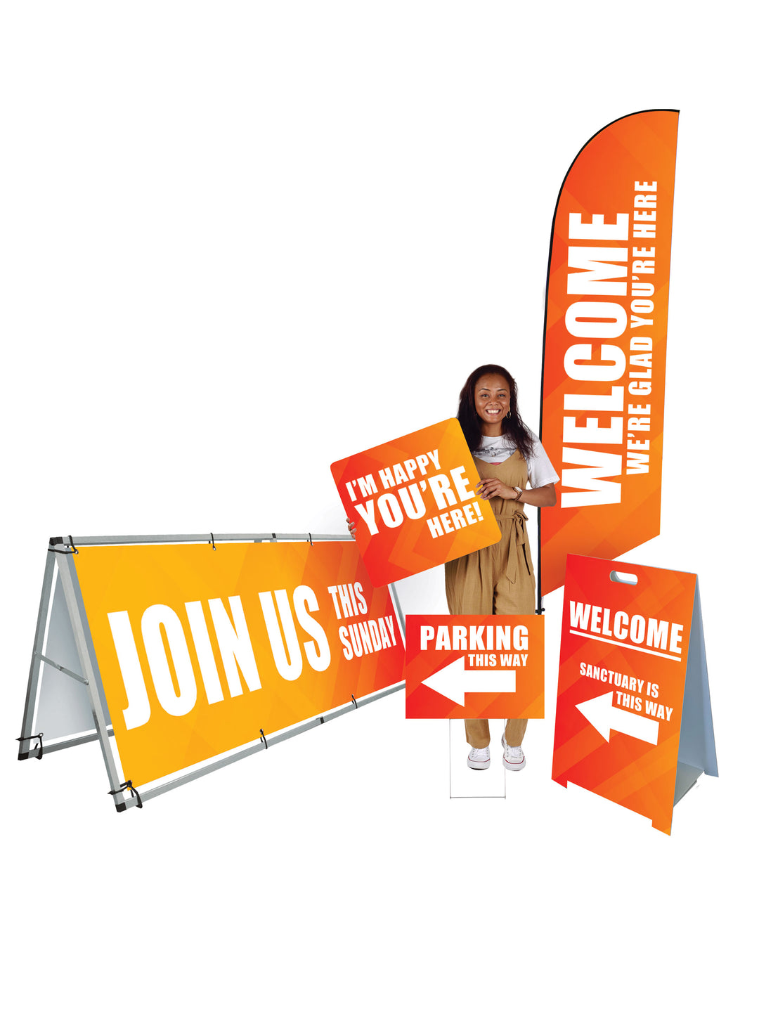 Outdoor Orange Gradient Design Banner and Sign Bundle showing feather flag banner, yard sign, a frame , and outdoor signs .