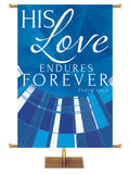 Church Banner Streaming Light His Love Endures Forever. Psalm 136:1. In Blue, Green, Purple and Red.
