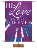Church Banner Streaming Light His Love Endures Forever. Psalm 136:1. In Blue, Green, Purple and Red.