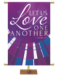 Church Banner Streaming Light Let Us Love One Another. 1 John 4:7. In Blue, Green, Purple and Red.