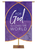 God So Loved the World with sculpted Christian Fish symbol church banner in blue, green, purple or red.