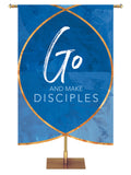 Go Make Disciples with sculpted Christian Fish symbol church banner in blue, green, purple or red.