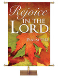 Rejoice in the Lord Design 3 Psalm 97:12 Church Banner for Fall and Thanksgiving with colorful fall leaves