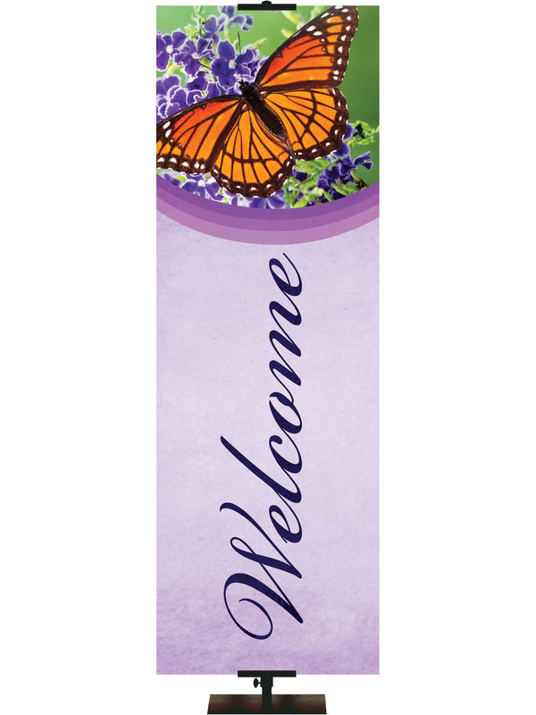 Stock Welcome Banner Butterfly on Purple
