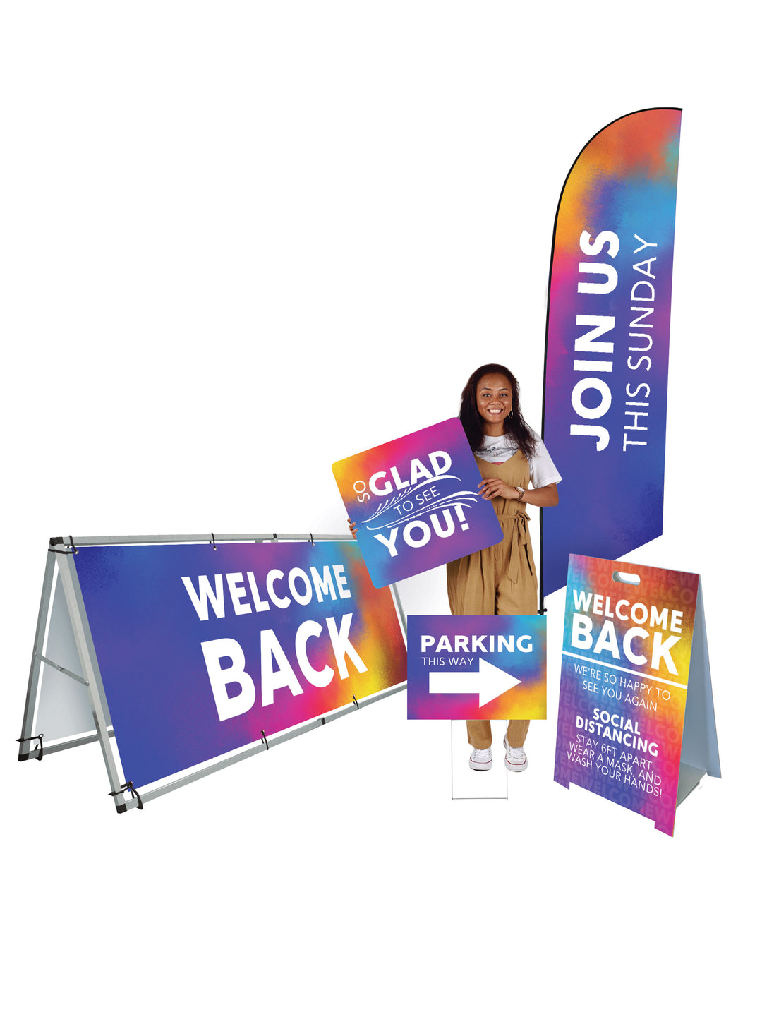 Outdoor Purple Wash Design Banner and Sign Bundle says "Welcome Back" on signs. Feather flags, yard signs, a frames, and outdoor signs in bundle.