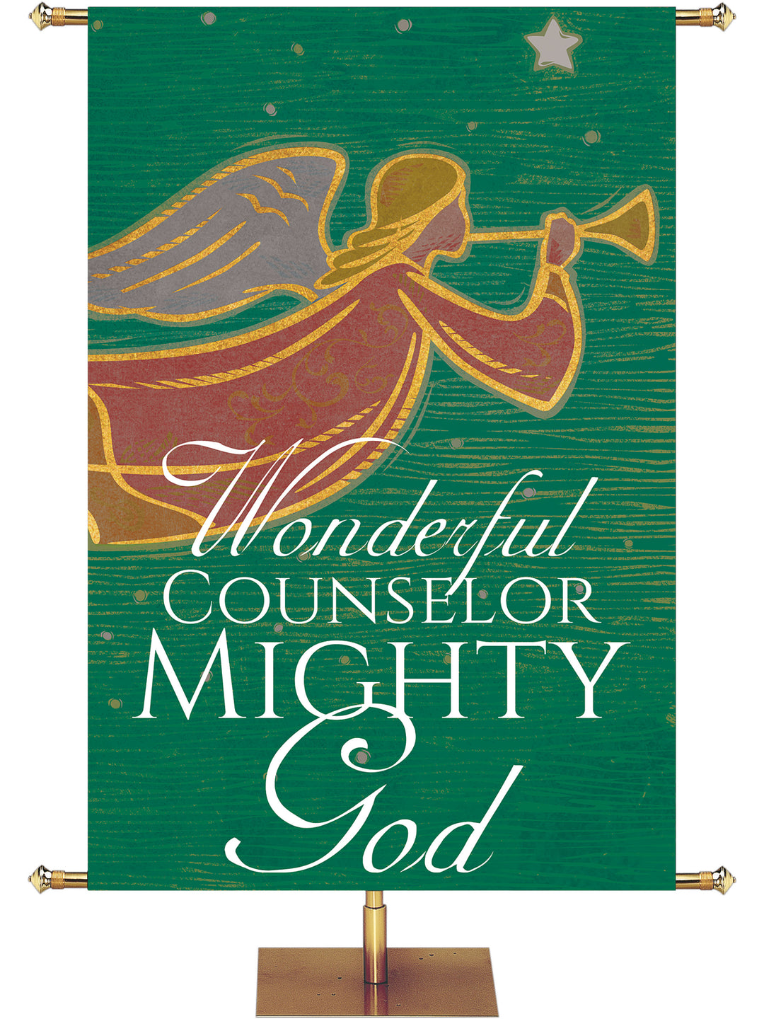 Church Banner for Christmas Mighty God Herald Angel and New Star with warm rustic tones in blue, red, or green