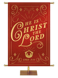 He is Christ the Lord Luke 2:11 Church Banner for Christmas in Green or Red. Manger scene bottom center and gold border