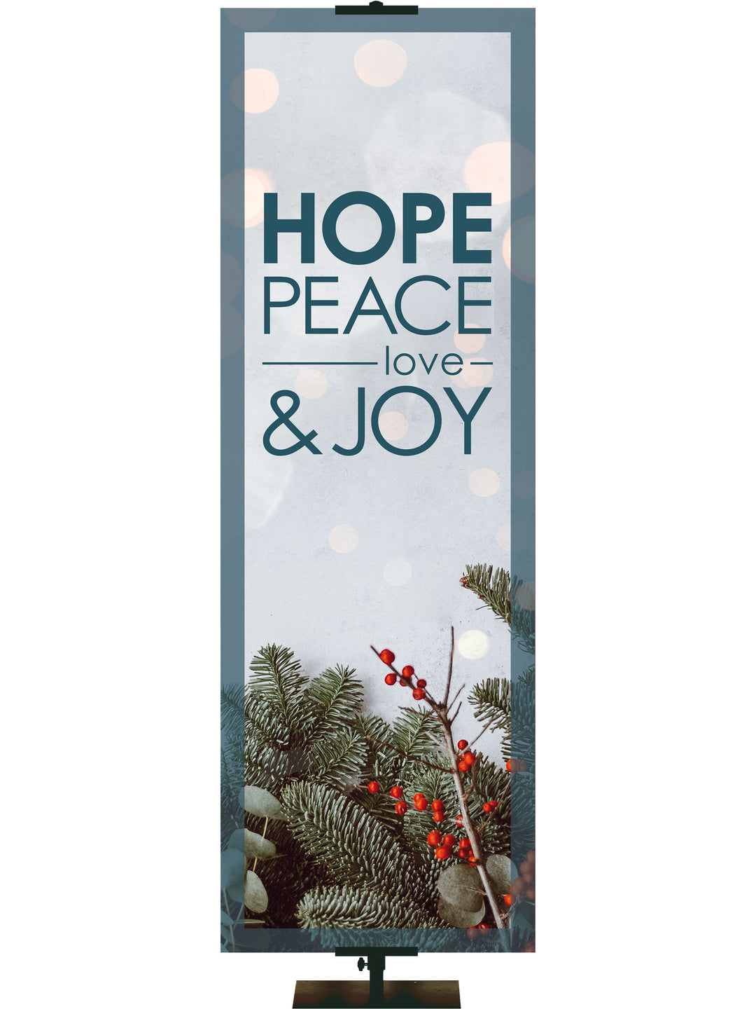 Hope, Peach, Love and Joy Christmas Banner with pine boughs and berries on fanciful blue Banner with frosty blue border
