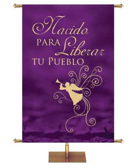 Nacido Para Liberar Tu Pueblo Banner for Advent and Christmas in the look of gold foil with Herald Angel facing left and delicate accents