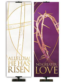 Alleluia He Has Risen White with Cross Symbol in Gold and No Greater Love Purple with Crown of Thorns symbol in Gold Easter Banners