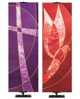 Cross Symbol Banner on Purple and Dove Symbol Banner In Red. Color Options are Blue, Green, Purple, Red, White