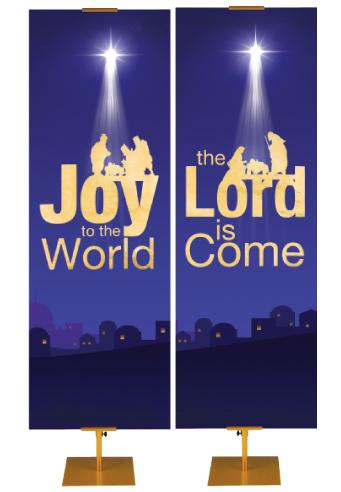 Church Banners for Christmas on Brilliant Blue with Shining Star and Nativity Silhouette Joy To The World The Lord Is Come