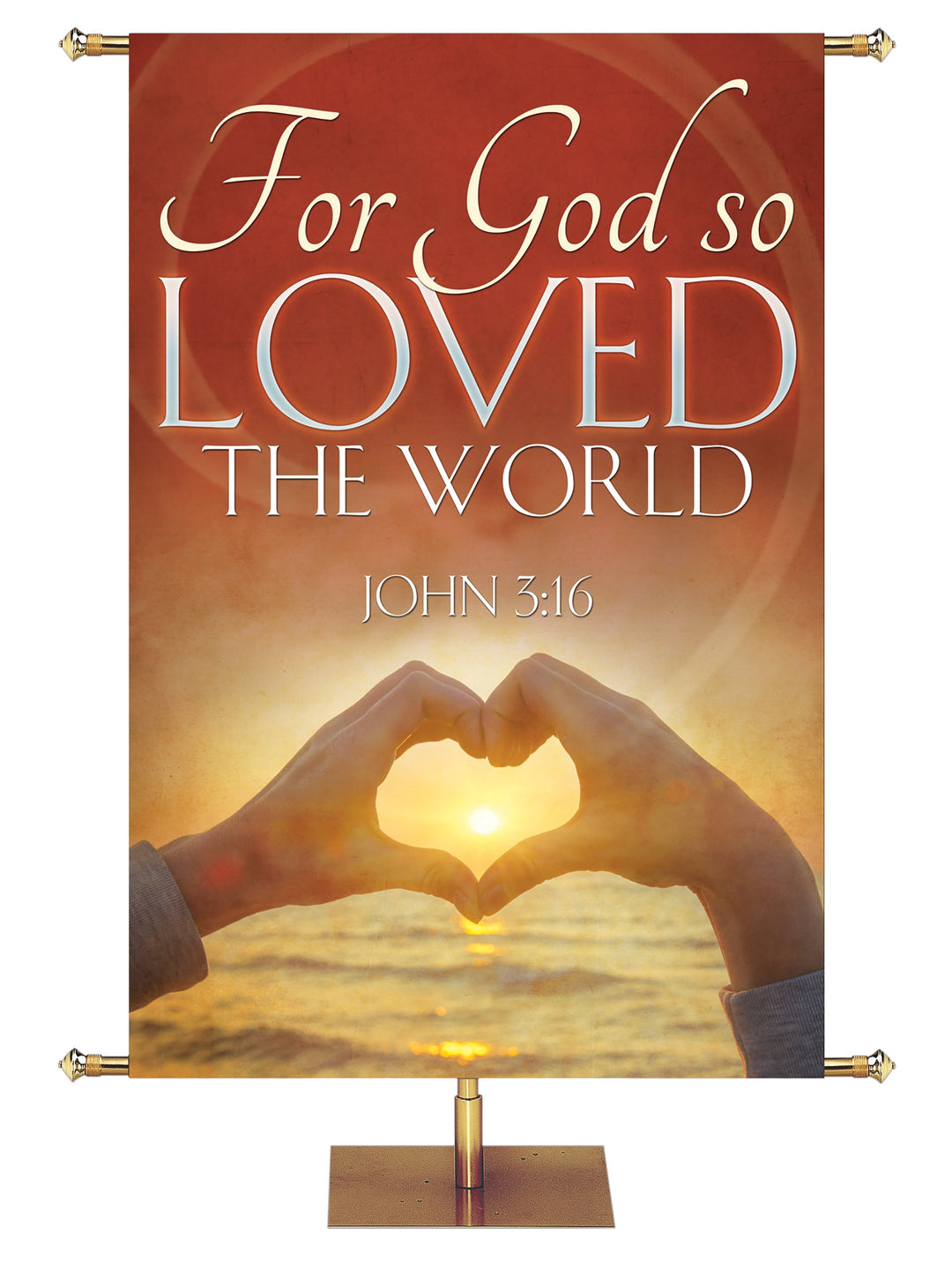 For God So Loved The World John 3:16 Banner with Two Hands In Heart Shape Over Sunrise on Ocean