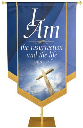 I Am The Resurrection and The Life John 11:25 Embellished Banner with Cross Symbol with Hand-Applied Gold Brocade and Fringe. 7 Colors Options.